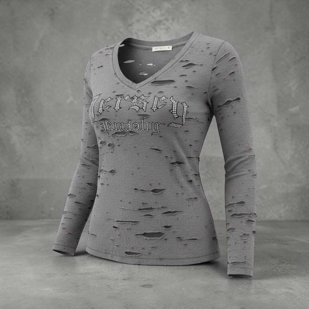 Vintage Havana Jersey Royalty Distressed V-Neck Rhinestone Long Sleeve Shirt